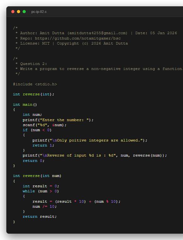 Question 2: Write a program to reverse a non-negative integer using a function.
